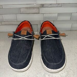 Hey Dude Navy Loafers with Bright Orange Interior